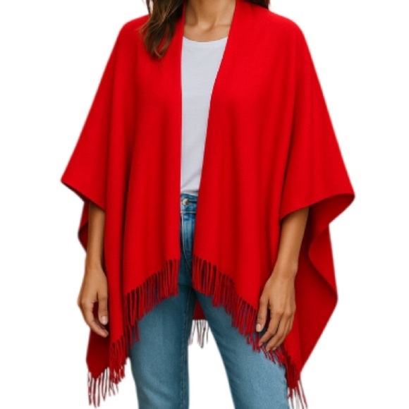 VINTAGE Wool Touch Red Fringe Wrap Shawl Acrylic Lightweight One Size Fits Most - Picture 1 of 8